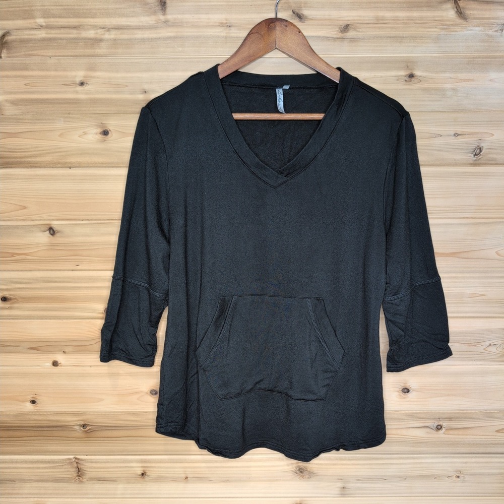 Lulu B Black V-Neck 3/4 Sleeve‎ Top Kangaroo Pocket Modal Stretch Size L